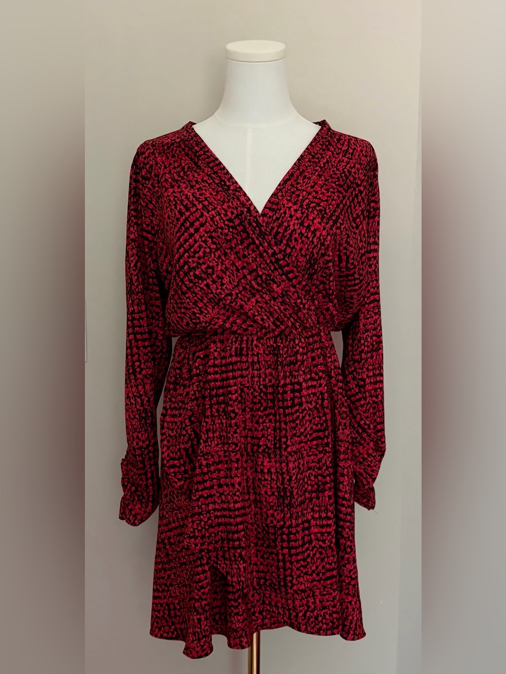 Express Red and Black Printed Long-Sleeve Wrap Dress